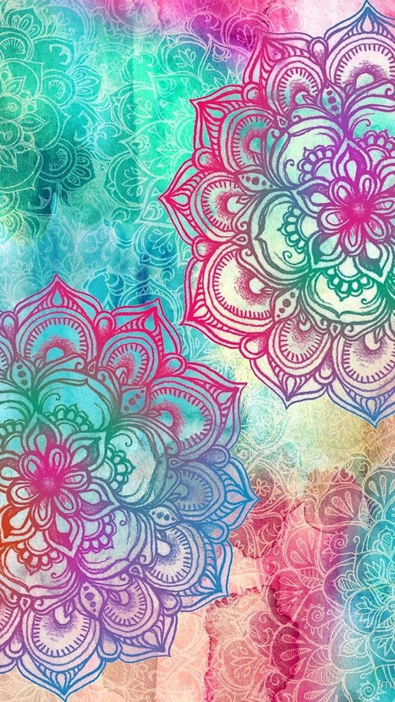 Vibrant bohemian digital wallpaper with floral mandalas and rainbow geometric patterns on watercolor background