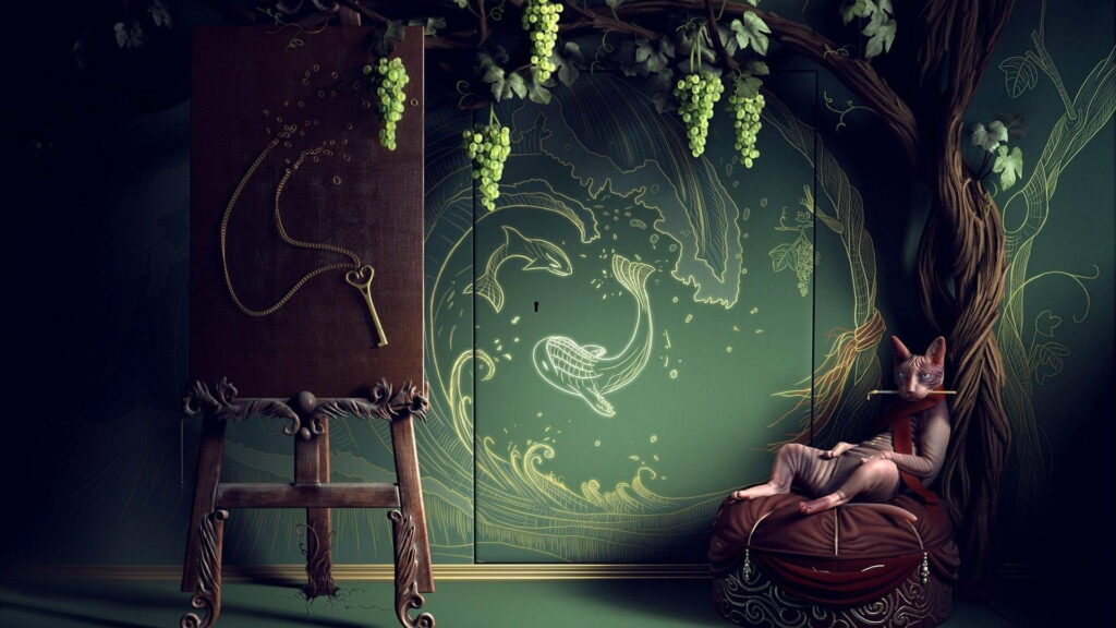 Boho Vibes: A Whimsical HD Photo of a Playful Cat Surrounded by Green Fish, Grapes, and a Boho-inspired Background Wallpaper