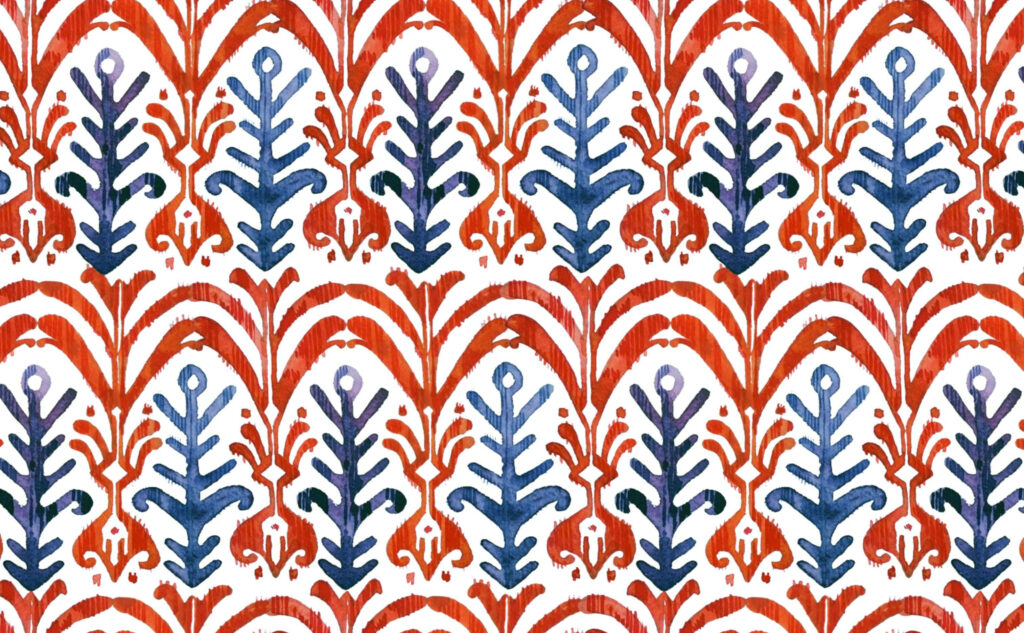 Boho-chic wallpaper with vibrant red and blue botanical watercolor patterns on white background
