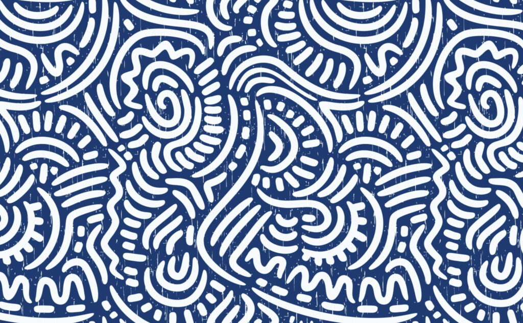 Boho Chic navy blue wallpaper with intricate white tribal doodle patterns for modern decor
