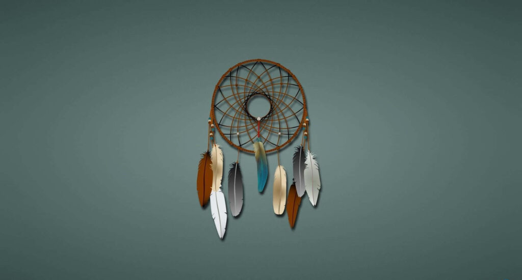 Boho dreamcatcher wallpaper with vibrant feathers and intricate web on muted green background