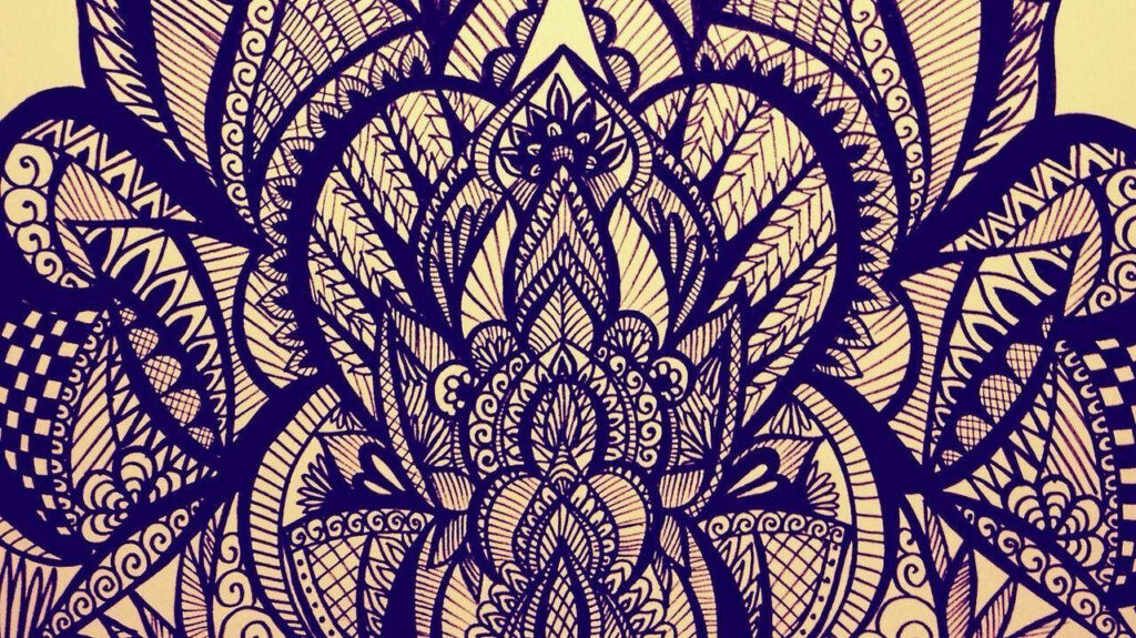 Boho henna ink art wallpaper with intricate indigo spirals and geometric patterns on cream background