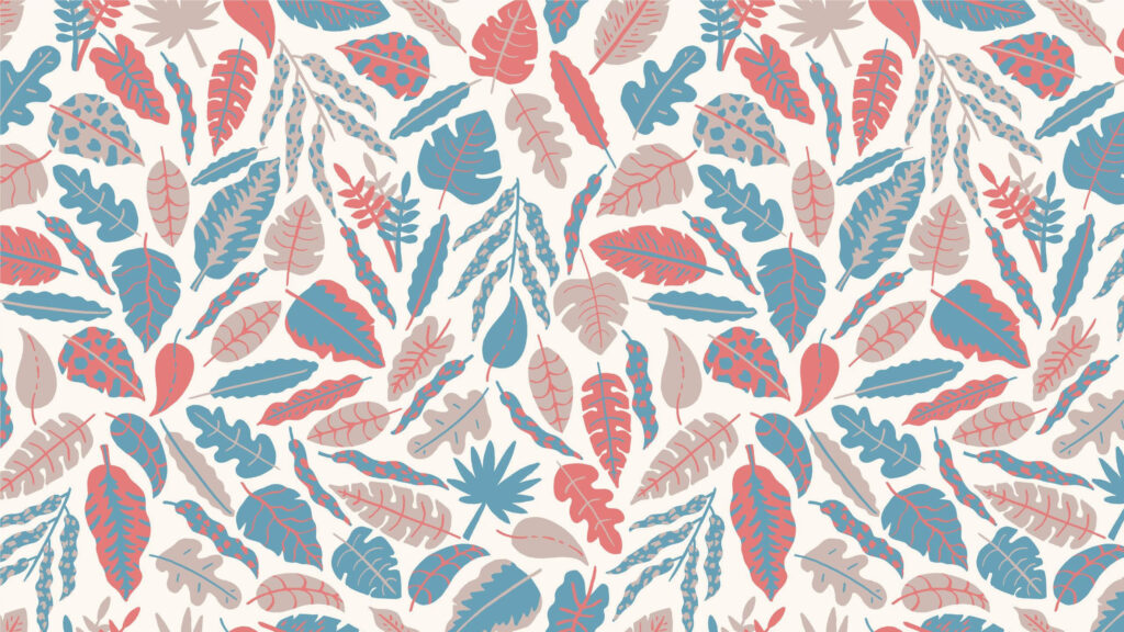 Boho botanical wallpaper with stylized tropical leaves in muted blue red beige on cream background