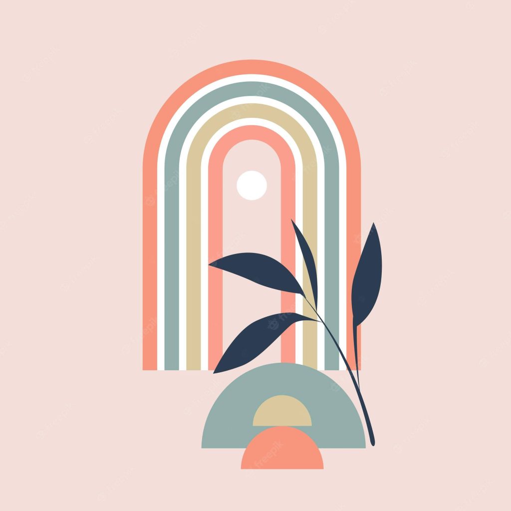 Boho Rainbow Leaf wallpaper with minimalist arch design earthy tones geometric shapes
