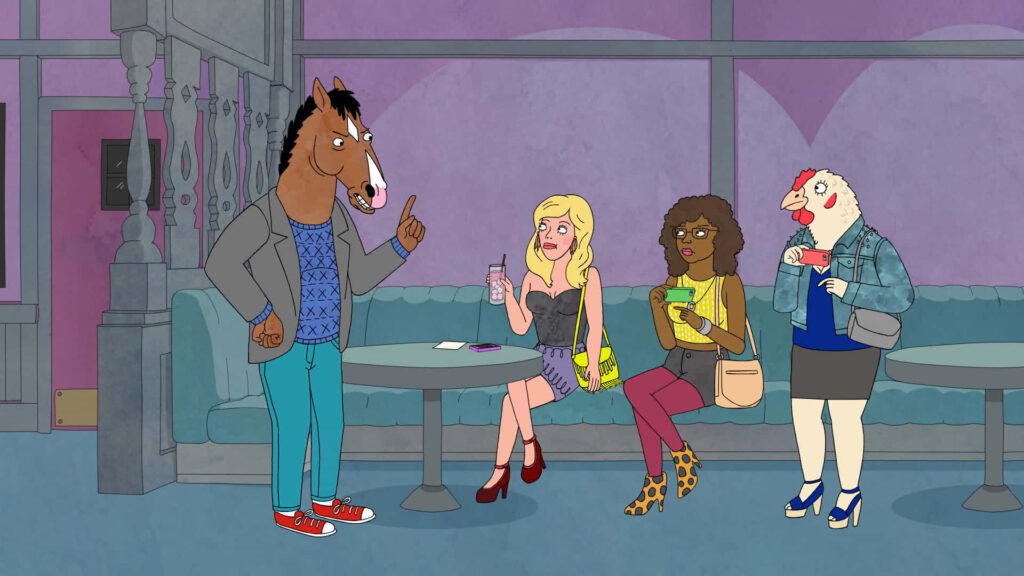 Bojack Horseman and friends in cozy lounge having serious conversation about life's journey wallpaper