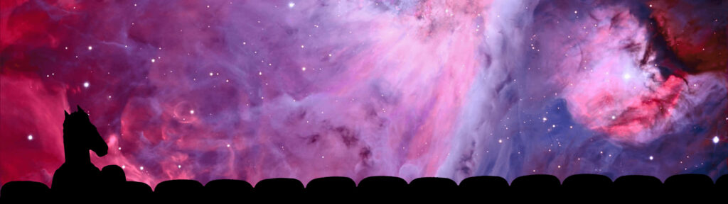 Silhouette of Bojack and Sarah Lynn gazing at colorful space nebula cosmic wallpaper background