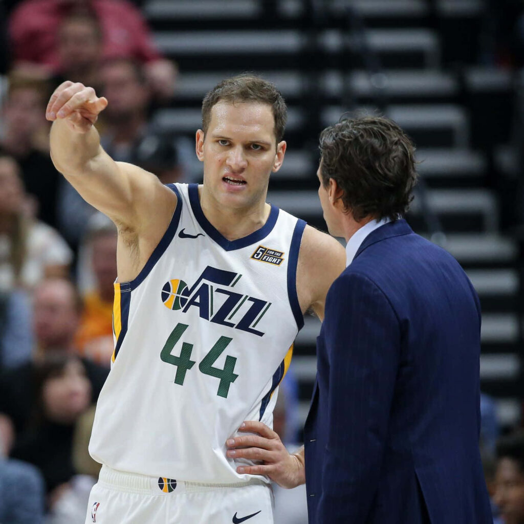 Bojan Bogdanović Utah Jazz expressing frustration in official jersey intense game wallpaper background
