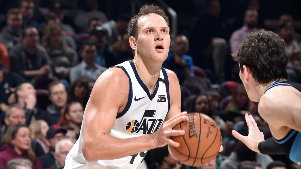 Bojan Bogdanović Utah Jazz NBA wallpaper showing star forward in dynamic basketball action