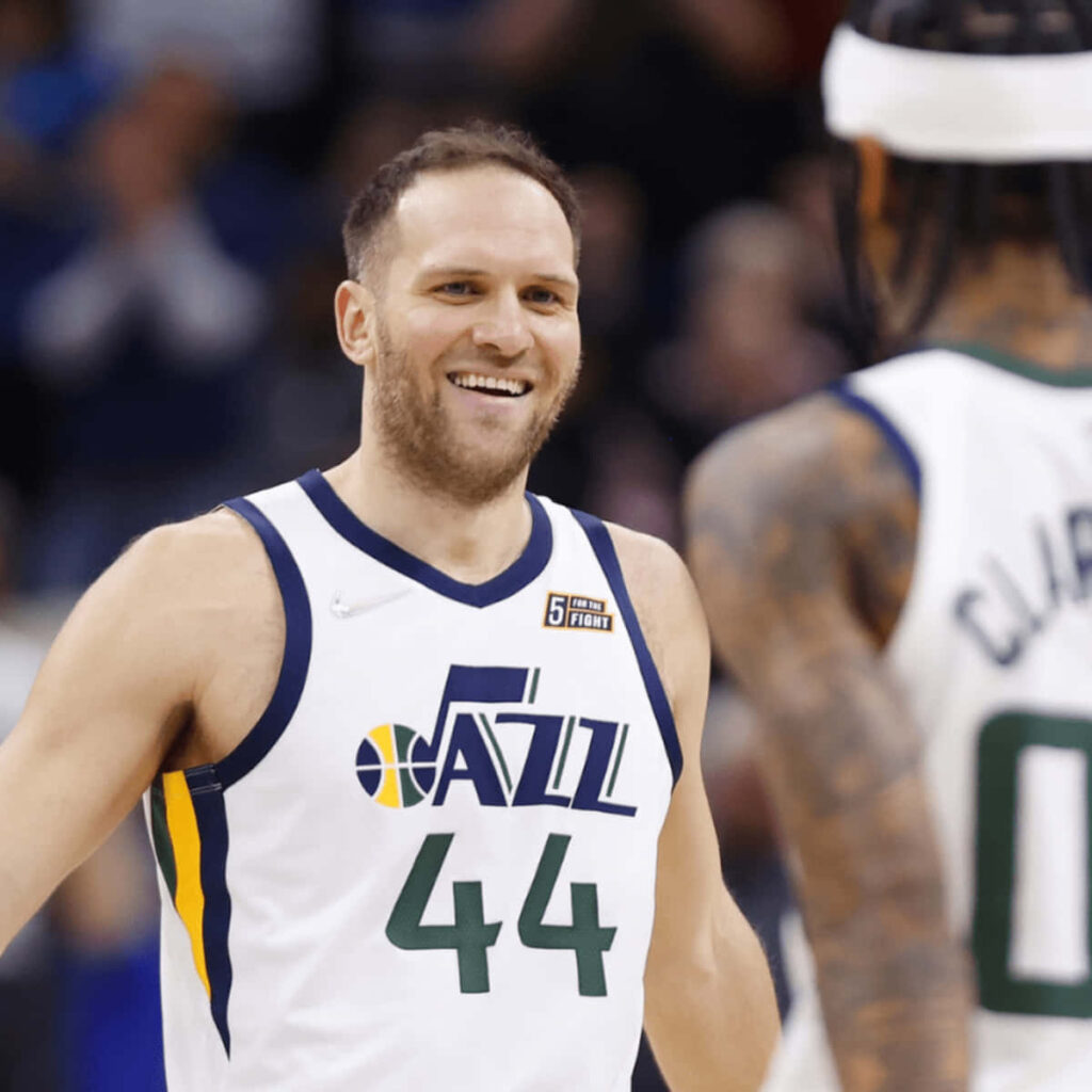 Bojan Bogdanovic and Jordan Clarkson Utah Jazz teammates celebrate on basketball court wallpaper