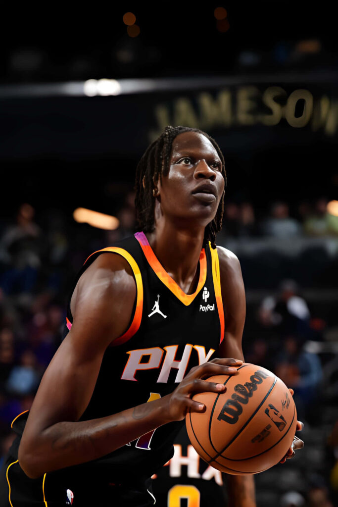 Bol Bol Phoenix Suns basketball action wallpaper vivid colors dramatic arena lighting background
