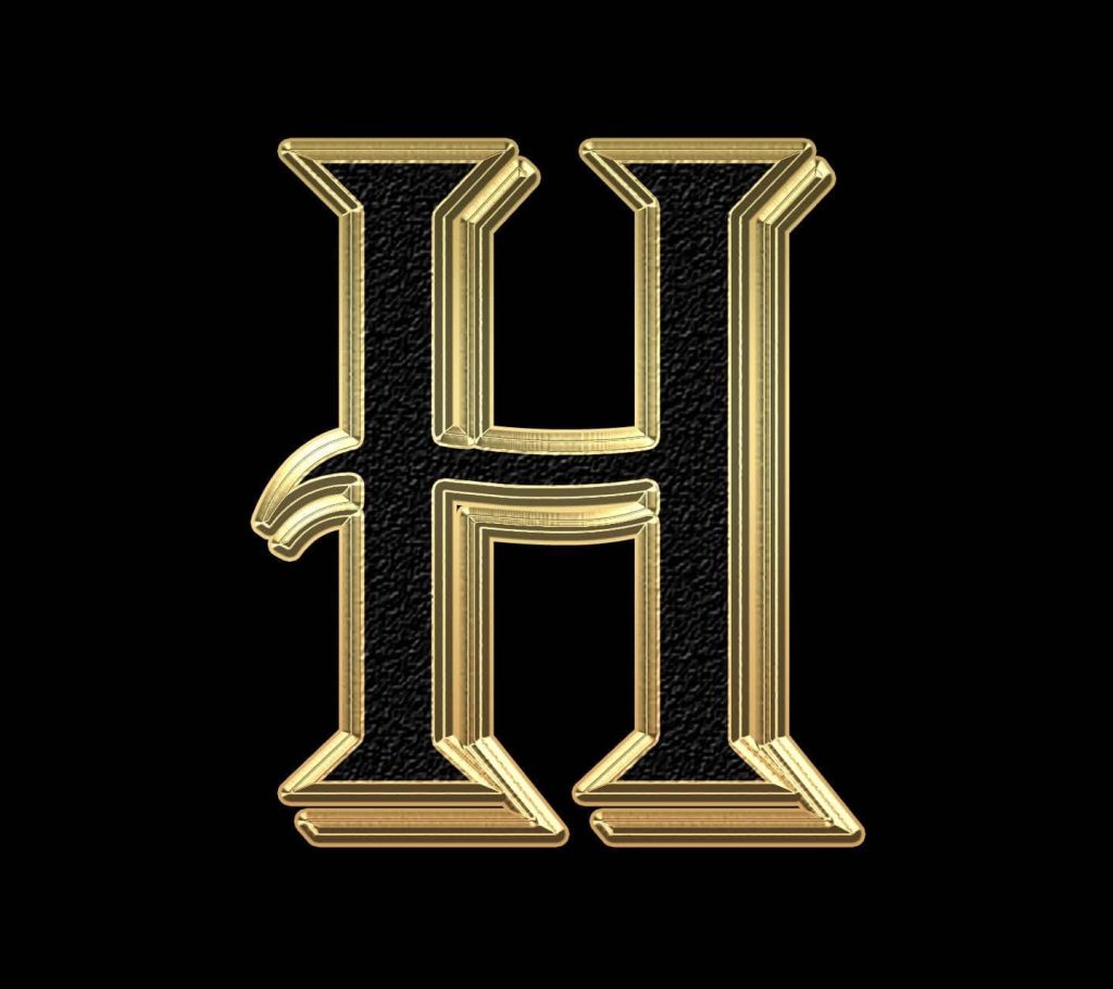 3D digital art wallpaper with bold gold framed letter H on textured black background for elegant design