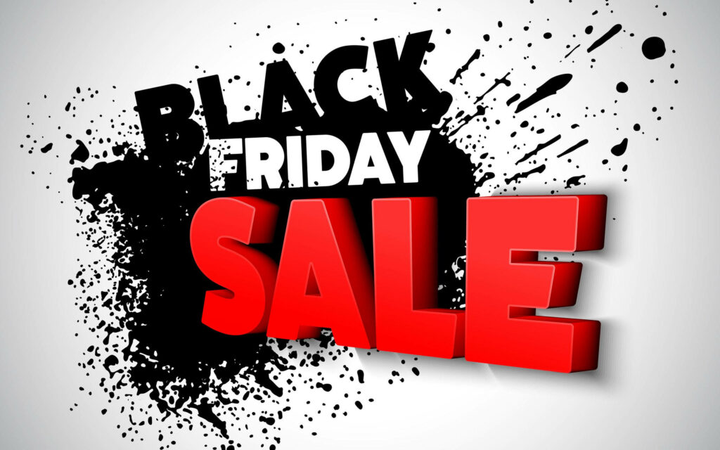 Bold 3D red SALE letters on black splatter background Black Friday wallpaper for deals promotion