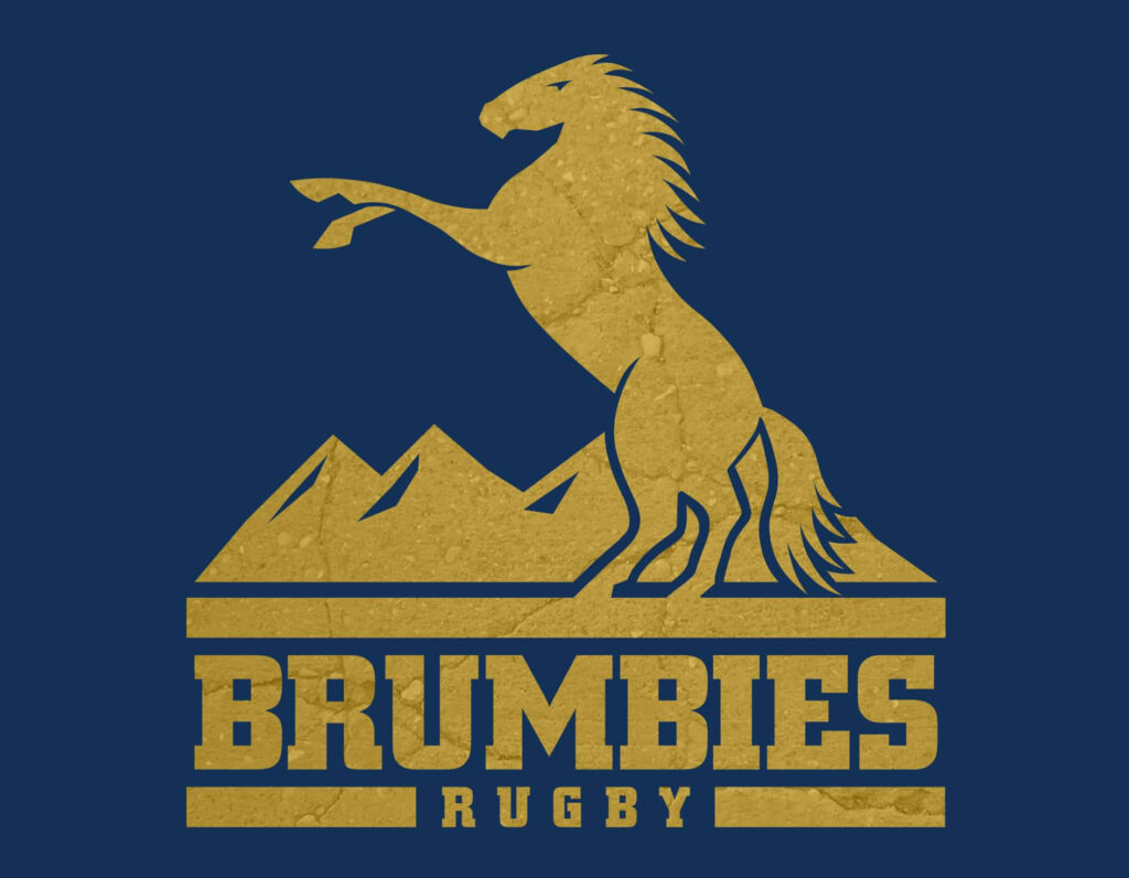Bold ACT Brumbies wallpaper with golden rearing horse and mountain backdrop in blue background