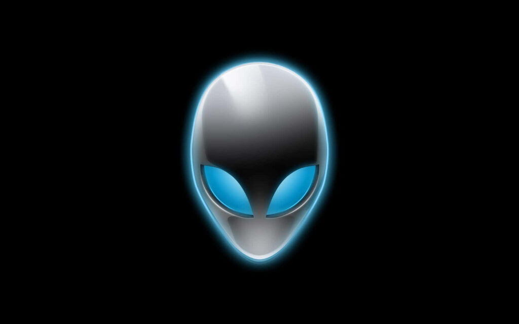 Bold Alienware logo with glowing blue eyes on sleek black background gaming wallpaper