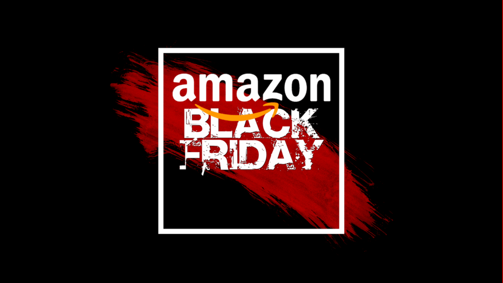 Bold Amazon Black Friday wallpaper with red paint swipe highlighting exclusive big savings deals