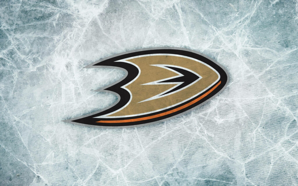 Bold Anaheim Ducks logo on textured ice rink background showcasing intense hockey action Wallpaper