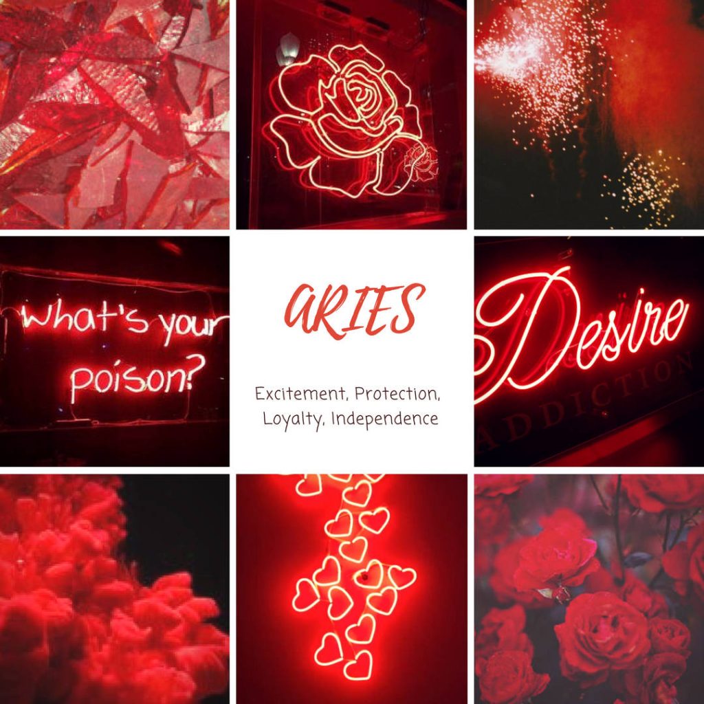Bold Aries red collage wallpaper with neon signs roses fireworks and dynamic abstract textures