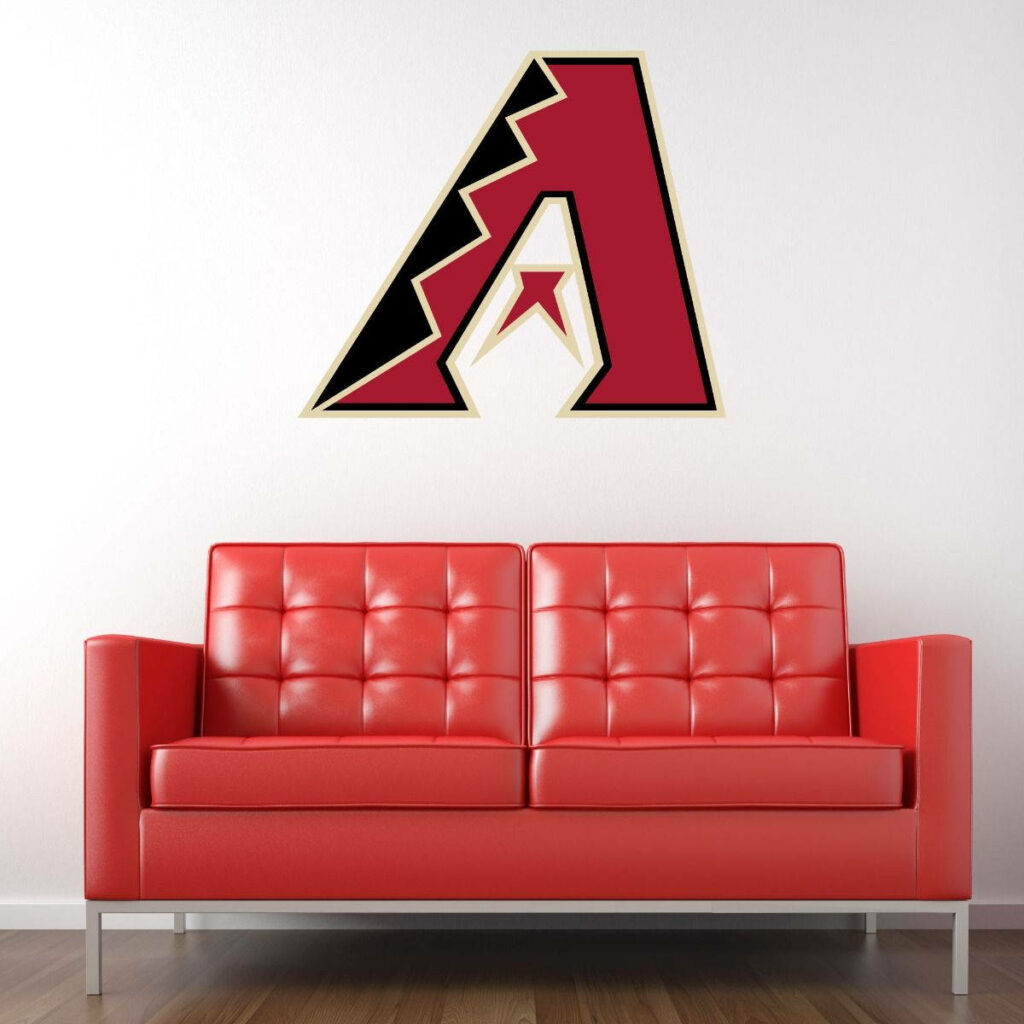 Bold Arizona Diamondbacks logo on white wall above modern red sofa sporty fan room decor Wallpaper