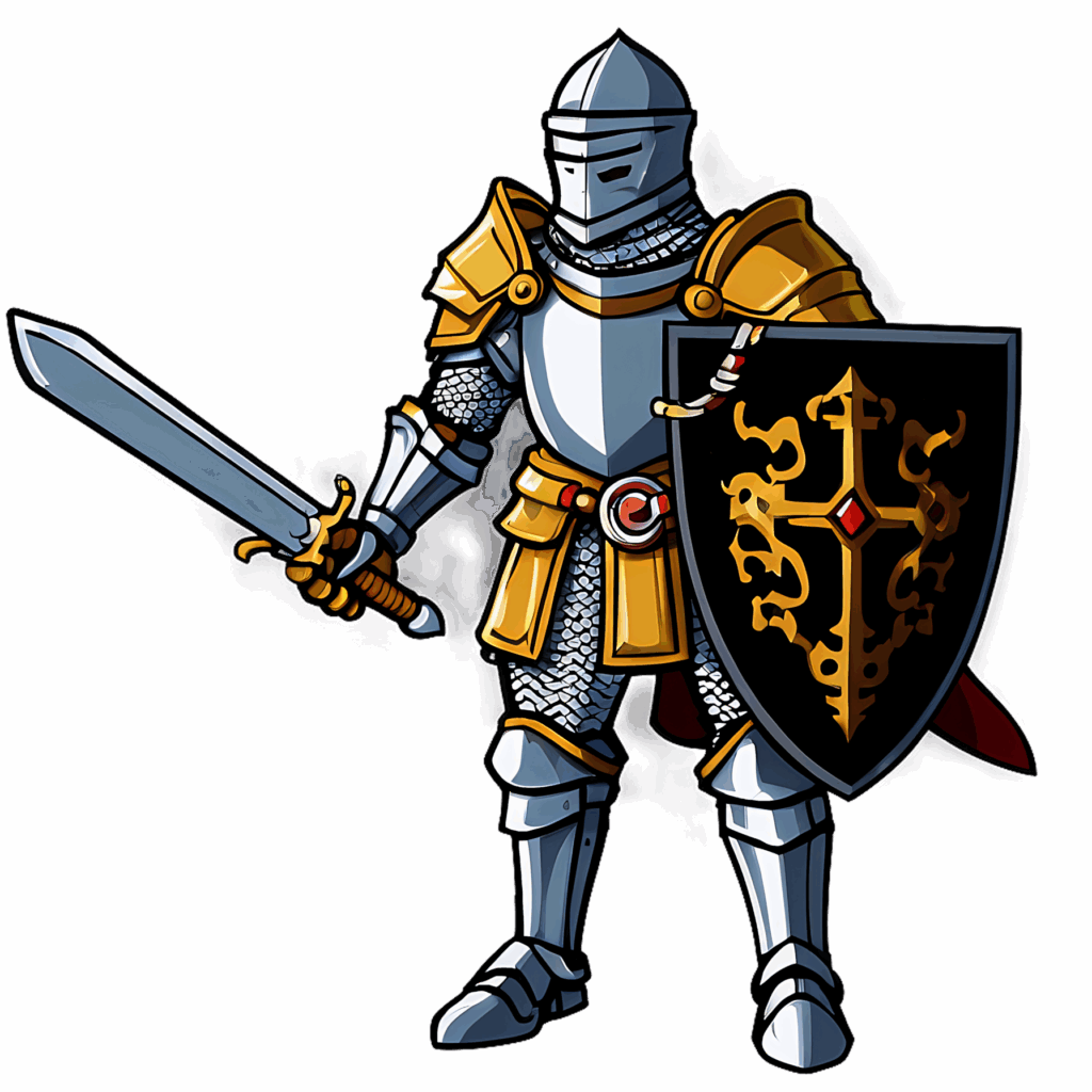 Boldly armored animated knight with golden cross sword and shield on dark gradient wallpaper background