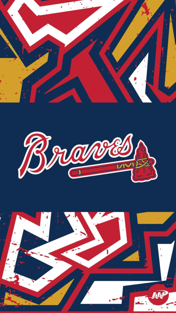 Atlanta Braves wallpaper with script logo tomahawk and vibrant red navy white gold abstract patterns