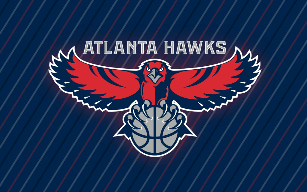 Atlanta Hawks logo with red hawk clutching basketball on dark blue striped background wallpaper