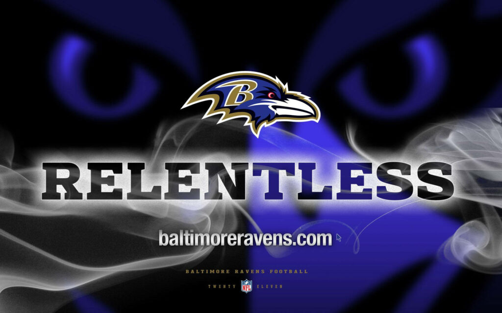 Baltimore Ravens wallpaper with bold logo relentless text smoky background intense purple eyes