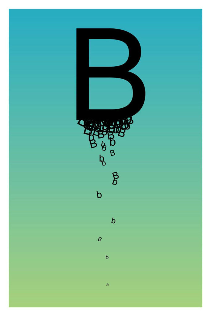 Bold black letter B with cascading smaller Bs on blue to green gradient animated wallpaper background