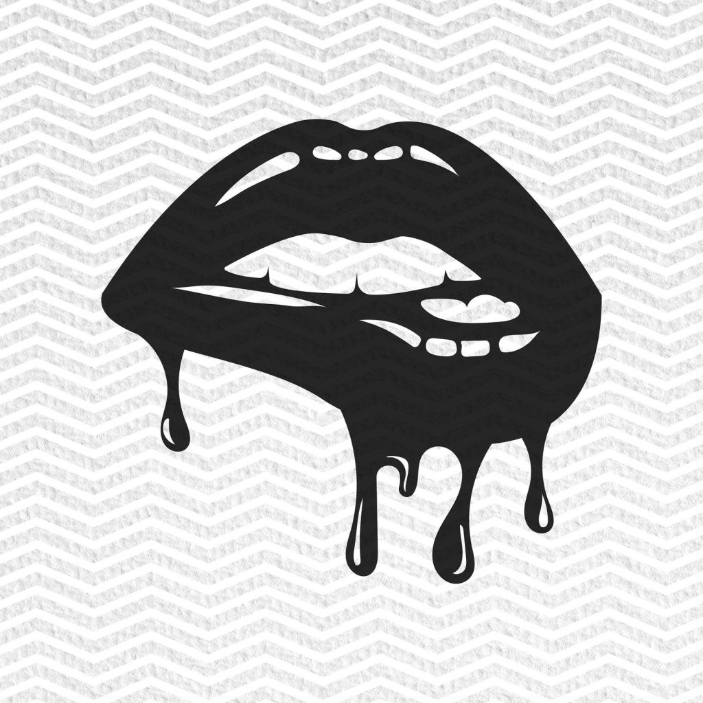 Black drippy lips wallpaper with grey white chevron background bold urban graphic design