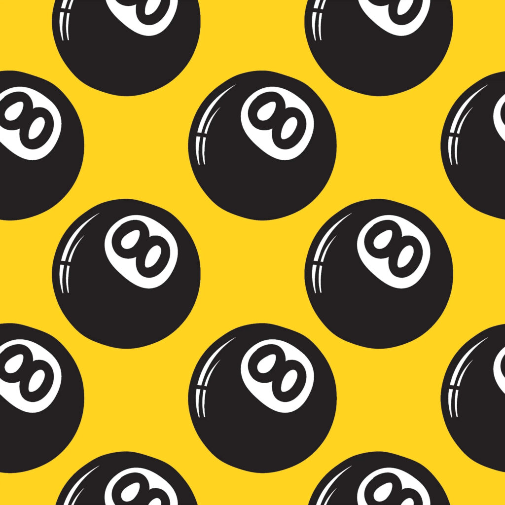 Bold black eight-ball billiard balls pattern on bright yellow retro minimalist wallpaper background