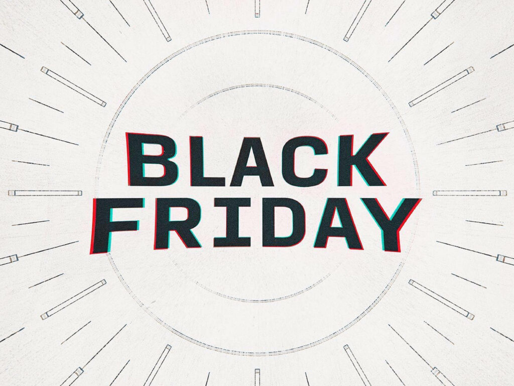 Bold black and red 3D Black Friday text on white background with dynamic radiating lines wallpaper