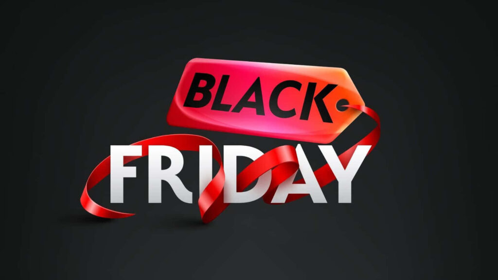 Black Friday banner with red ribbon around metallic silver text on sleek black background wallpaper