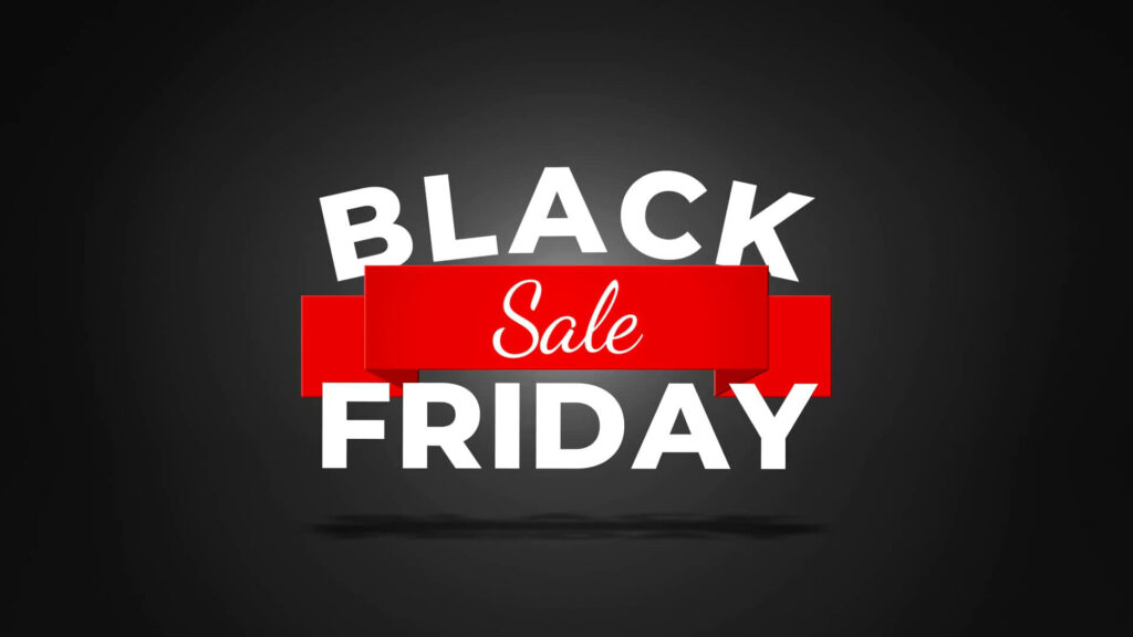 Black Friday Sale wallpaper with bold white text and red ribbon on dark gradient background