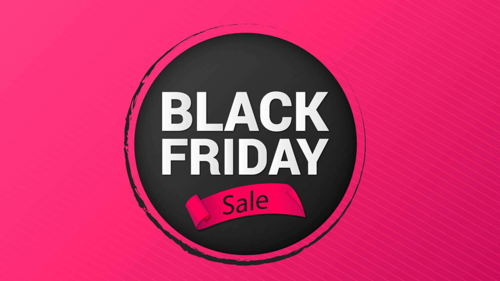 Bold Black Friday sale wallpaper with black circle white text pink banner vibrant pink background
