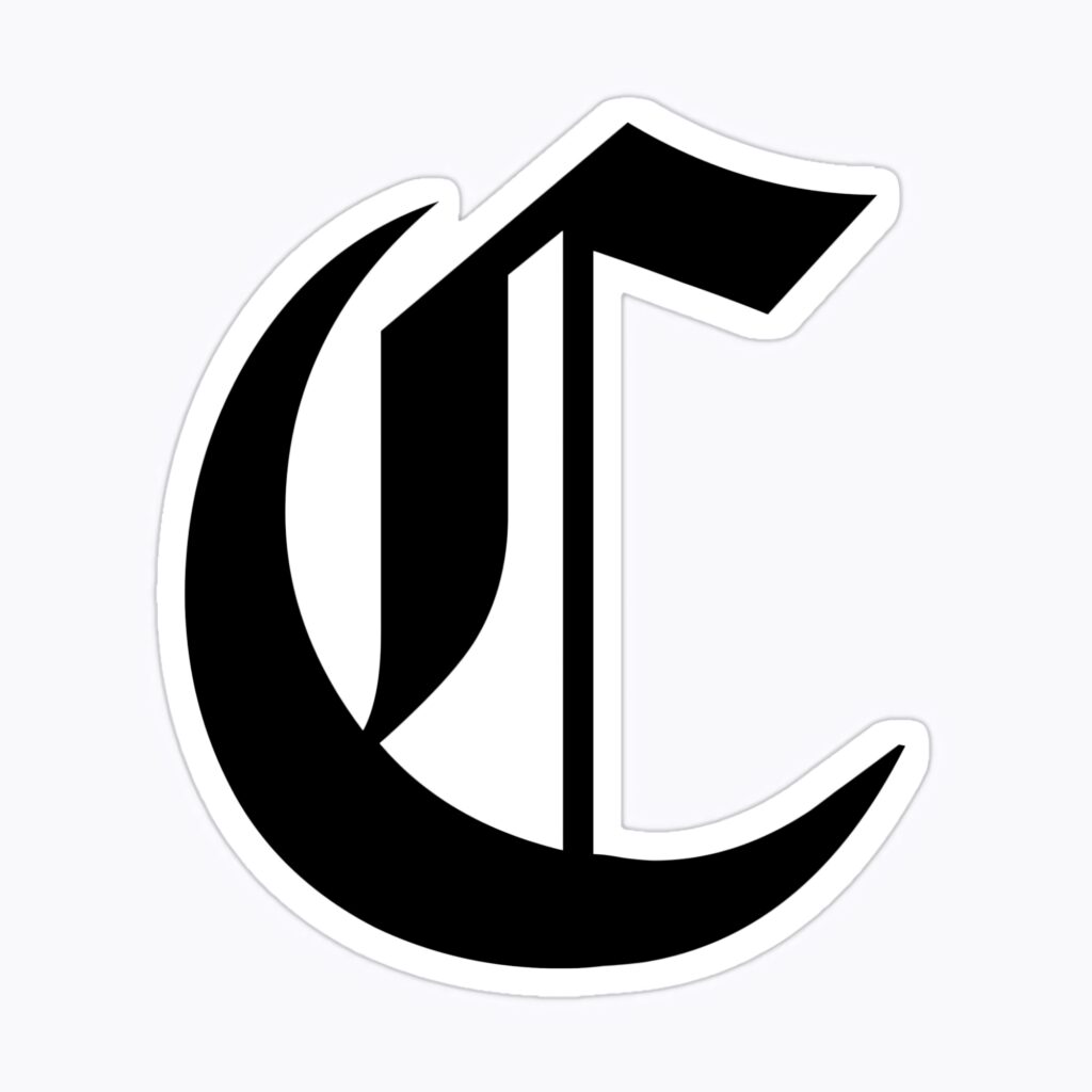 Black Gothic letter C with sharp lines and dramatic curves on white background wallpaper.