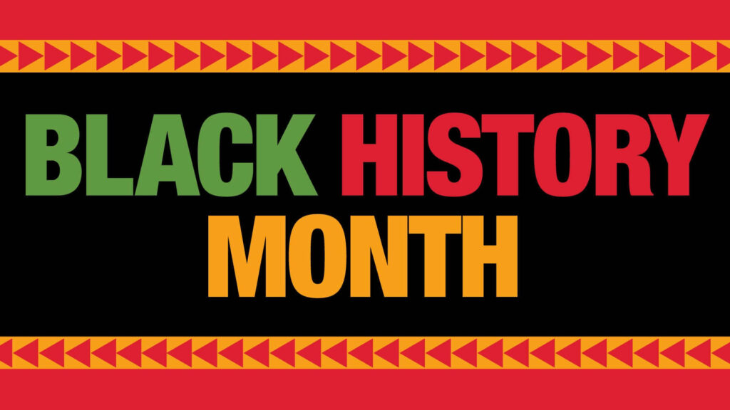 Black History Month wallpaper with vibrant green red yellow lettering and geometric patterns