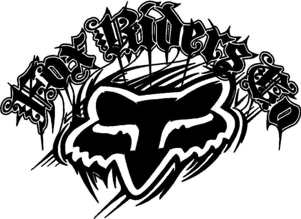 Black and white Fox Racing wallpaper with iconic Fox Head and gothic Fox Riders Co text design