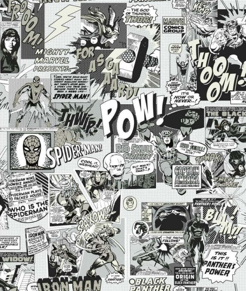 Bold Black-and-White Marvel Wallpaper with Comic Action Panels
