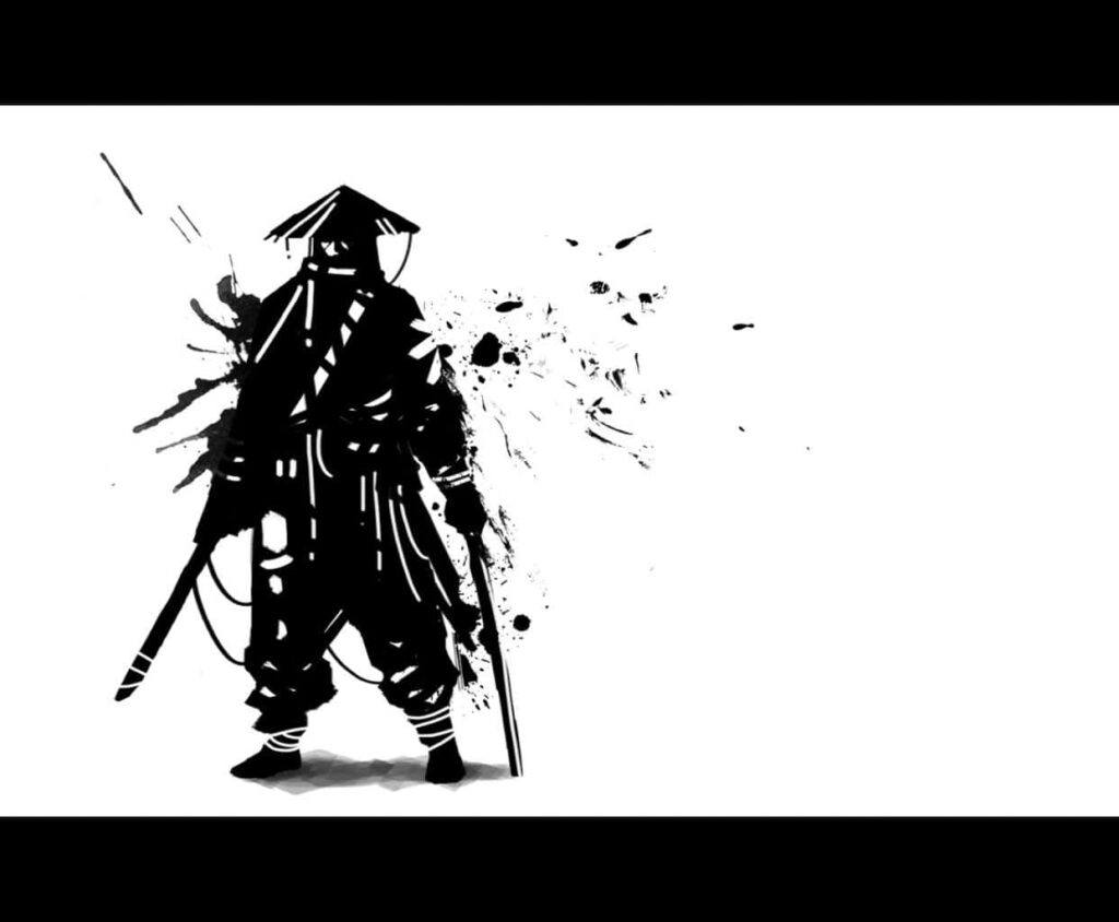 Samurai Warrior Ink-Splatter Wallpaper: Bold Black & White Design
