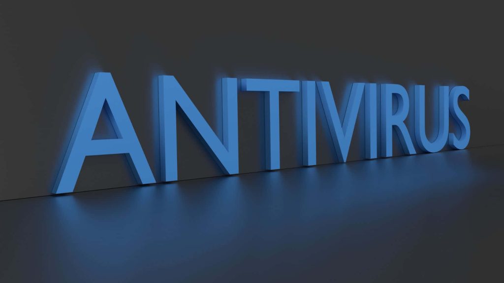 Bold glowing blue antivirus text on dark minimalist 3D wallpaper for cybersecurity background