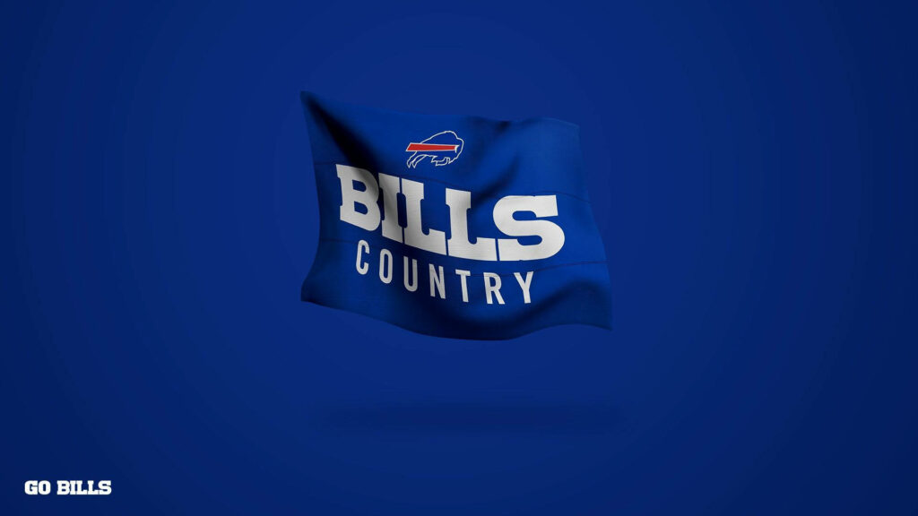 Bold blue Buffalo Bills wallpaper with waving flag logo and Bills Country text background
