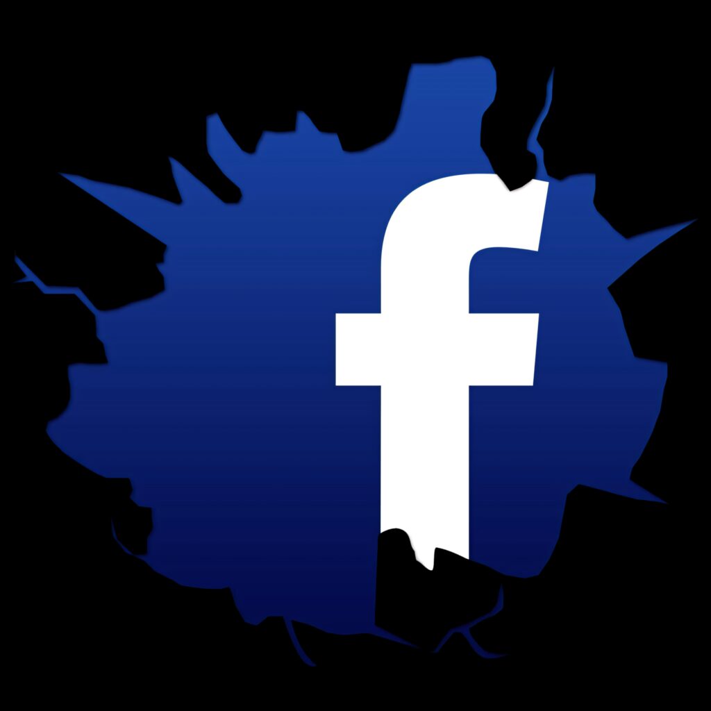 Facebook wallpaper with white f logo on blue splatter background and black border design