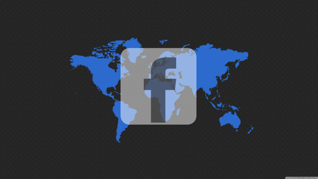 Bold blue world map Facebook wallpaper with transparent logo on dark textured background