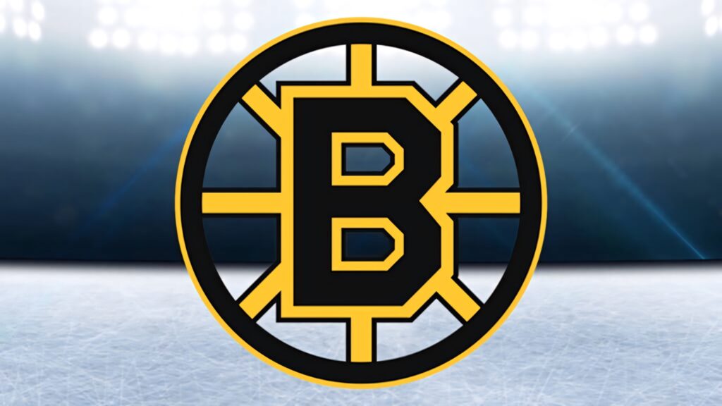 Bold Boston Bruins logo on realistic ice hockey rink with glowing arena lights background Wallpaper