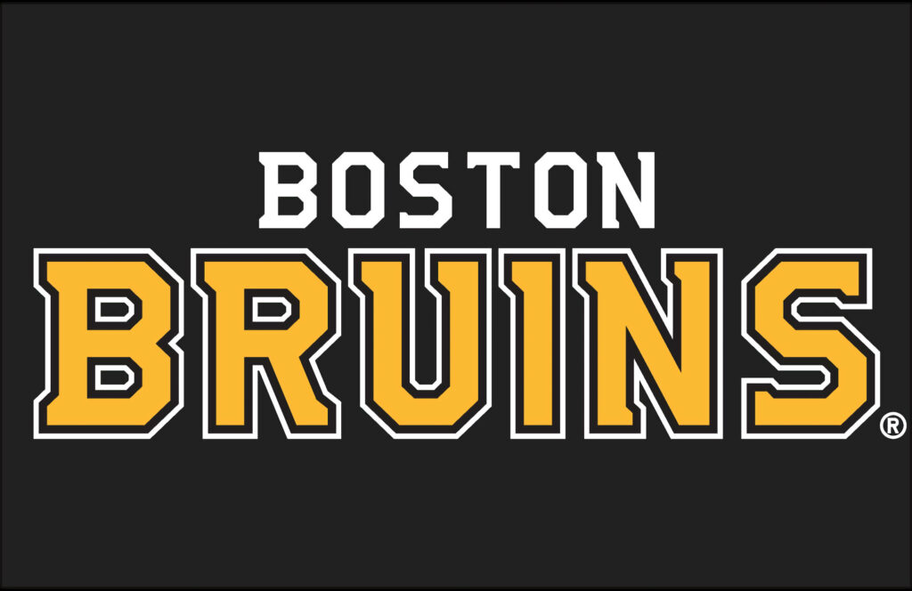 Bold Boston Bruins text on sleek black background with yellow and white team colors wallpaper