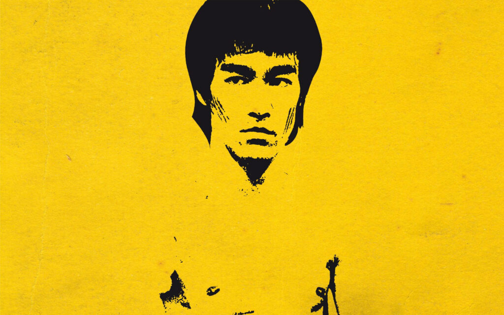 Bruce Lee stencil portrait on bold yellow background minimalist martial arts pop art wallpaper