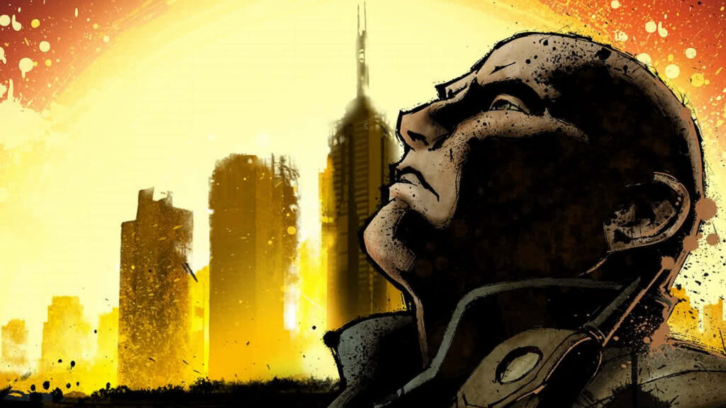 Striking Urban Sunset Wallpaper: Bold Character & Gritty Textures
