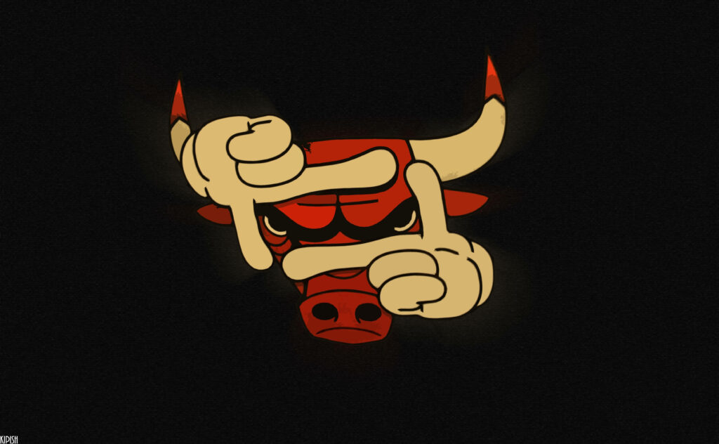 Chicago Bulls wallpaper with iconic red bull mascot and cartoon hands on dark background