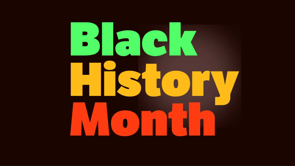 Black History Month Celebration Banner with vibrant green yellow and orange text on dark background Wallpaper