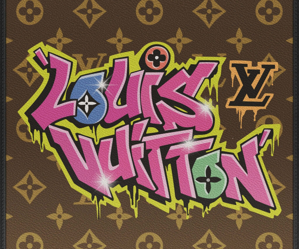 Louis Vuitton graffiti logo in bold colors on classic brown monogram pattern wallpaper background