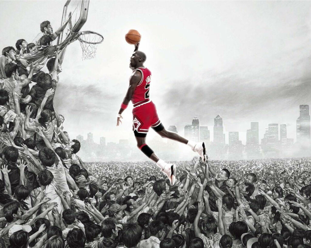 Dramatic Contrast: Striking Monochrome Basketball Player Stands Out in Vibrant Red Uniform - Impressive Basketball Background Wallpaper